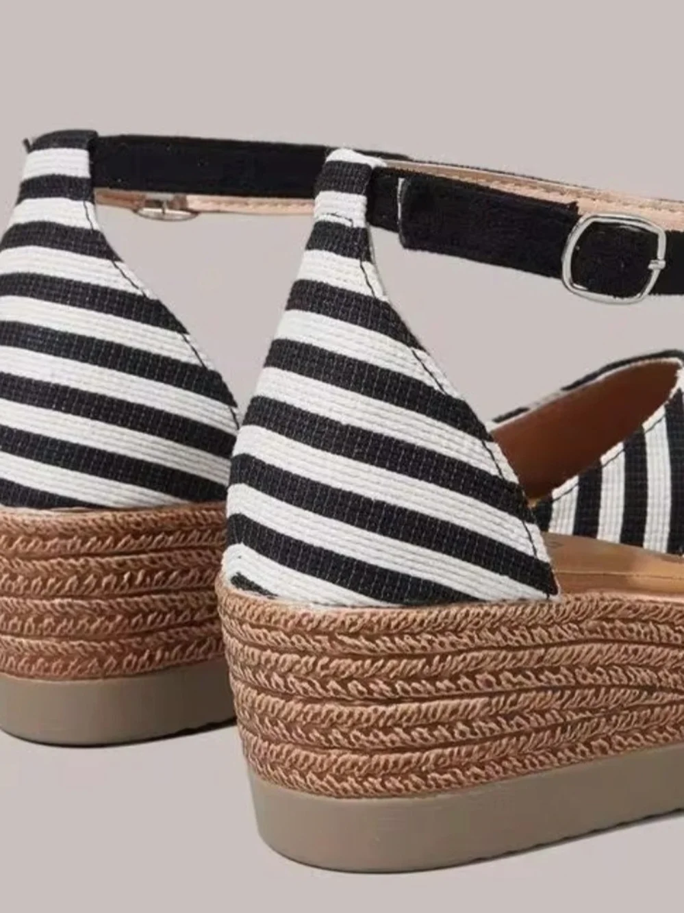 Striped Black and White Espadrille Wedge Sandal - Women